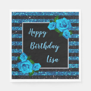 Blauwe zwarte strepen Glitter Blue Rozen Birthday Servet