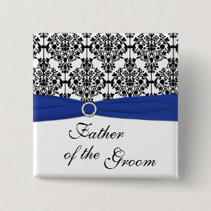 Blauwe zwarte witte Damask vader van de Groom Pin Vierkante Button 5,1 Cm