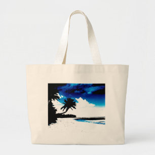 Blauwe zwarte witte palmboom Silhouette Grote Tote Bag