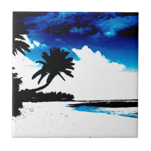 Blauwe zwarte witte palmboom Silhouette Tegeltje