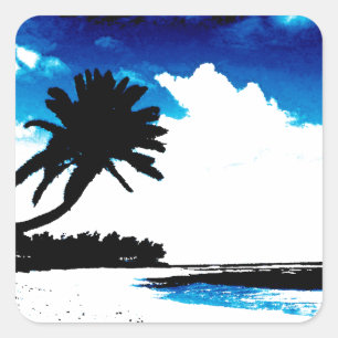 Blauwe zwarte witte palmboom Silhouette Vierkante Sticker