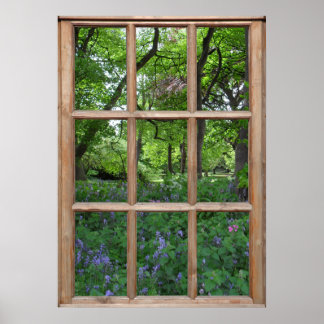 Blauweklokjes tuin uitzicht vanuit een raam poster