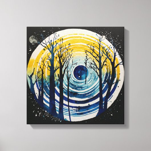 Blauwgeel Sunset Forest Waterverf kunst Canvas Afdruk (Voorkant)