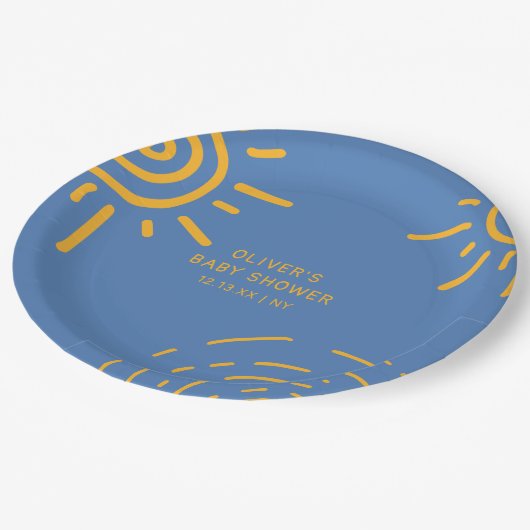 Blauwgele retro straal van zonneschijn Baby shower Papieren Bordje (Gekanteld)