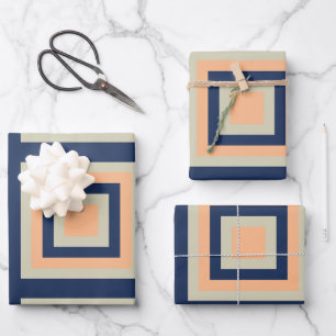 Blauwgrijs Oranje geometrisch vierkantspatroon Inpakpapier Vel