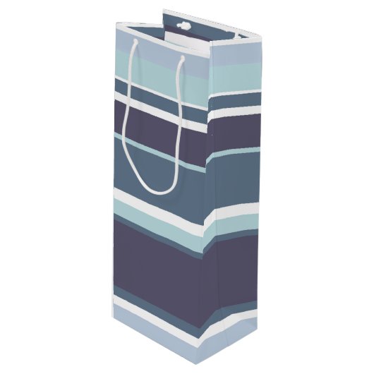 Blauwgrijze strepen wijn cadeautas (Voorkant Gekanteld)