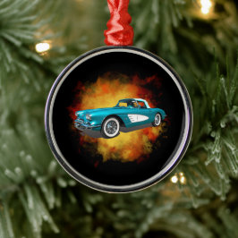 Blauwgroen 59 Corvette Car Red Explosion-achtergro Metalen Ornament