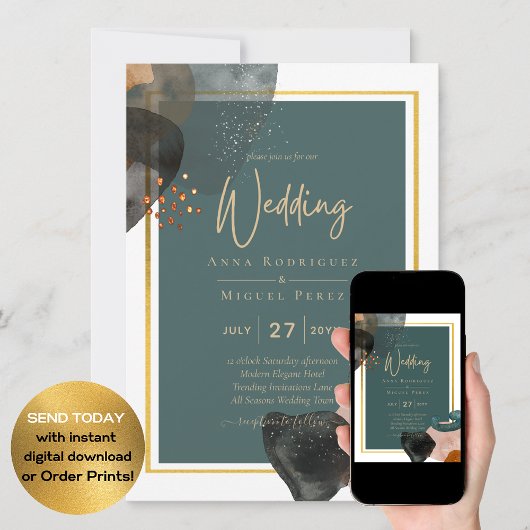 Blauwgroen AARDE TONEN WEDDING INVITE QR Code Kaart