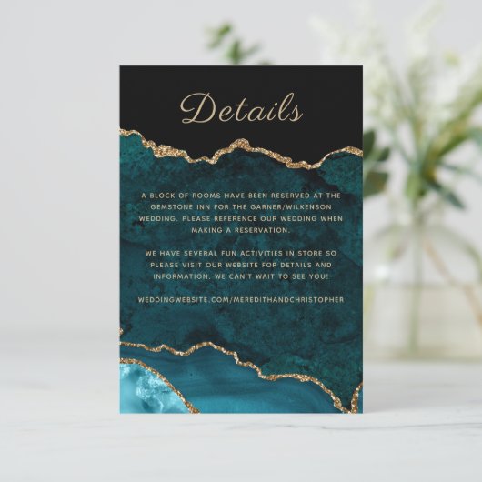 Blauwgroen agaat bruiloft details behuizing informatiekaartje (Staand voorkant)