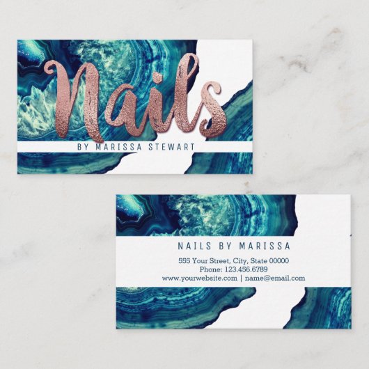 Blauwgroen Agate Geode Stone Roos Gold Nail-techni Visitekaartje (Voorkant / Achterkant)