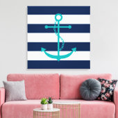 Blauwgroen anker op blauwe strepen canvas afdruk (Insitu (Woonkamer))