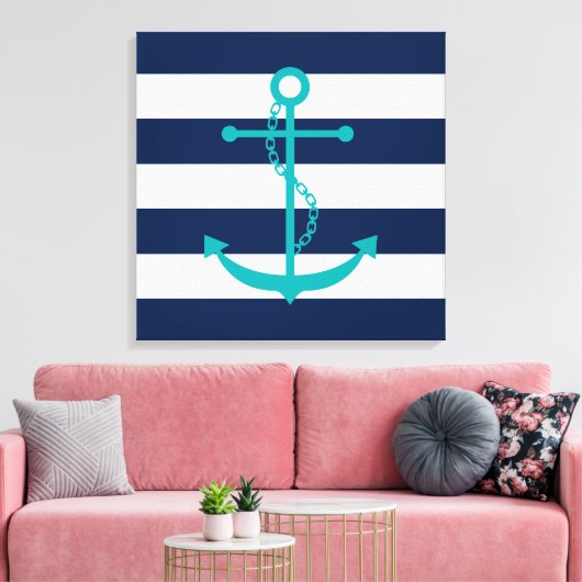 Blauwgroen anker op blauwe strepen canvas afdruk (Insitu (Woonkamer))