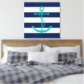 Blauwgroen anker op blauwe strepen canvas afdruk (Insitu (Slaapkamer))