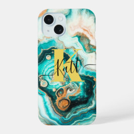 Blauwgroen Aqua Agaat Golden Custom Modern Monogra iPhone 15 Hoesje