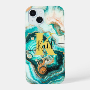 Blauwgroen Aqua Agaat Golden Custom Modern Monogra iPhone 15 Hoesje
