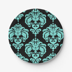 Blauwgroen Aqua & Black Damask Vintage Wedding Eve Papieren Bordje