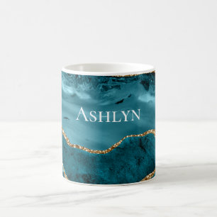Blauwgroen Aqua Blue Agate Gold Glitter Koffiemok