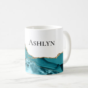 Blauwgroen Aqua Blue Agate Gold Glitzy Glitter Koffiemok