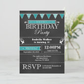 Blauwgroen Aqua Blue Chalkboard verjaardagsuitnodi Kaart (Staand voorkant)