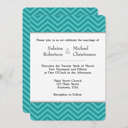 Blauwgroen Aqua Blue Chevron Wedding Invitations Kaart (Voorkant / Achterkant)