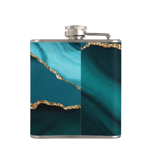 Blauwgroen Aqua Blue Green Agate Geode Gold Monogr Heupfles (Achterkant)