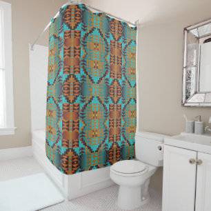 Blauwgroen Aqua Blue Oranje Tribal-kunst van Brigh Douchegordijn