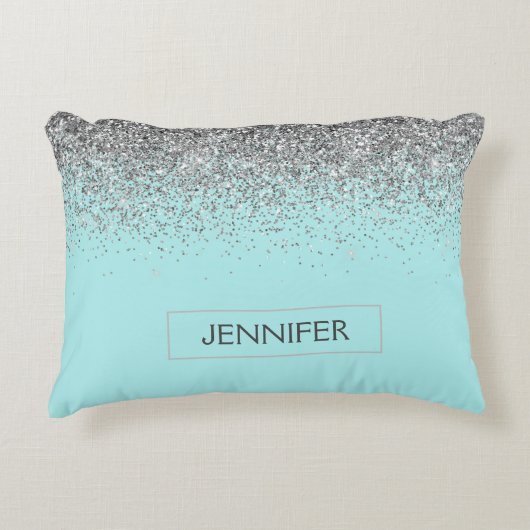 Blauwgroen Aqua Blue Silver Glitter Girly Monogram Accent Kussen (Voorkant)