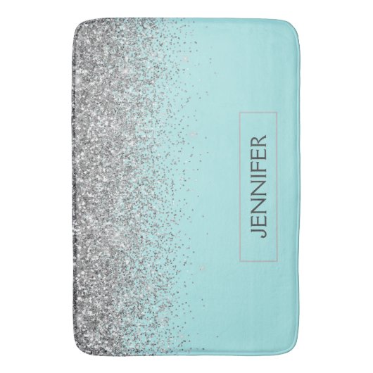 Blauwgroen Aqua Blue Silver Glitter Girly Monogram Badmat (Voorkant Verticaal)