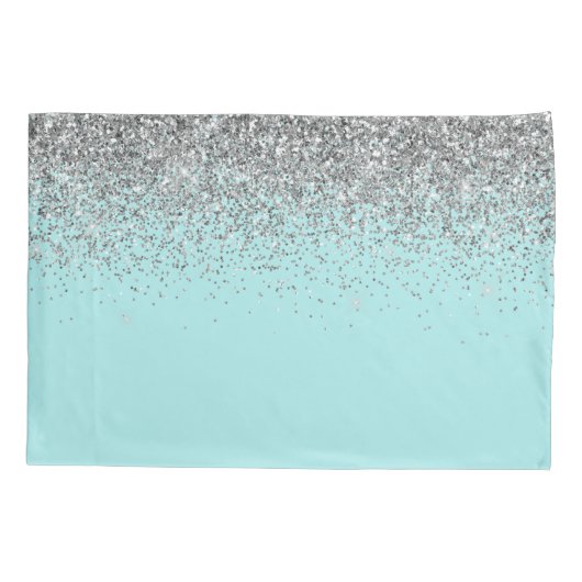 Blauwgroen Aqua Blue Silver Glitter Girly Monogram Kussensloop (Achterkant)