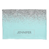 Blauwgroen Aqua Blue Silver Glitter Girly Monogram Kussensloop (Voorkant)