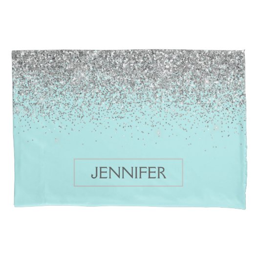 Blauwgroen Aqua Blue Silver Glitter Girly Monogram Kussensloop (Voorkant)