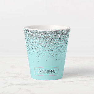 Blauwgroen Aqua Blue Silver Glitter Girly Monogram Latte Mok