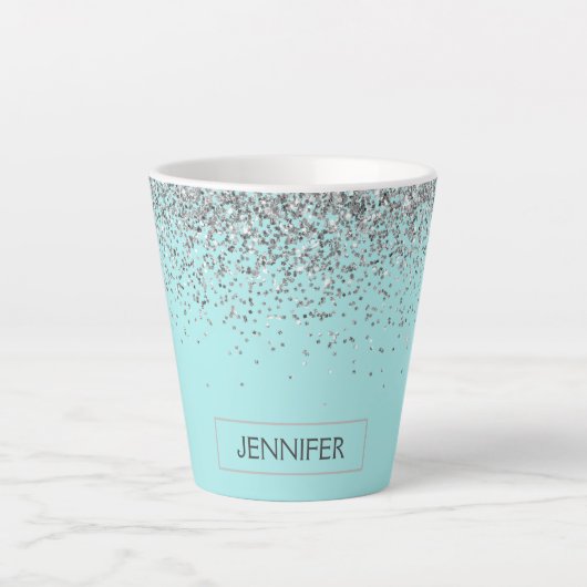 Blauwgroen Aqua Blue Silver Glitter Girly Monogram Latte Mok (Voorkant)