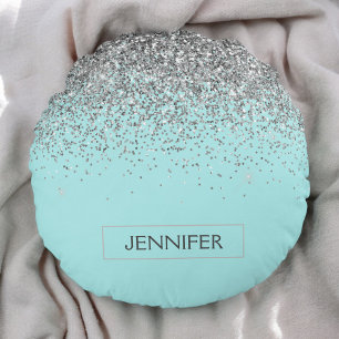 Blauwgroen Aqua Blue Silver Glitter Girly Monogram Rond Kussen