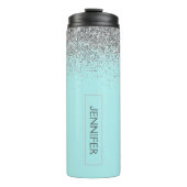 Blauwgroen Aqua Blue Silver Glitter Girly Monogram Thermosbeker (Voorkant)