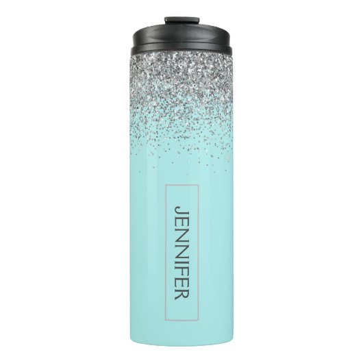 Blauwgroen Aqua Blue Silver Glitter Girly Monogram Thermosbeker (Voorkant)