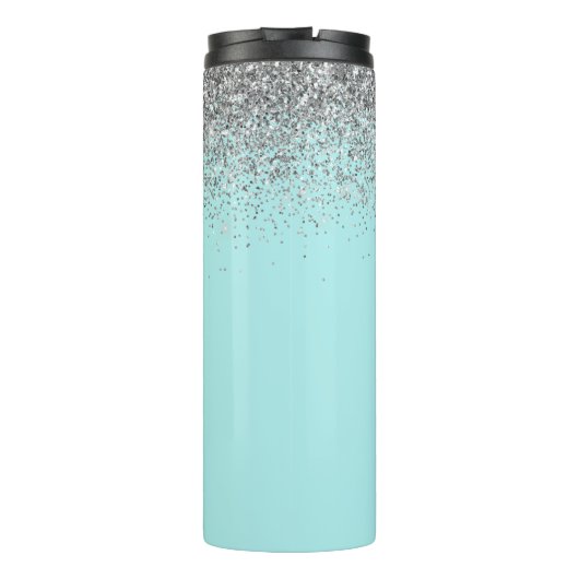 Blauwgroen Aqua Blue Silver Glitter Girly Monogram Thermosbeker (Achterkant)