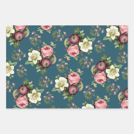 Blauwgroen, Aqua en Beige  Floral Roos Patroon Inpakpapier Vel (Voorkant)