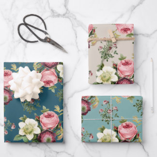 Blauwgroen, Aqua en Beige Floral Roos Patroon Inpakpapier Vel