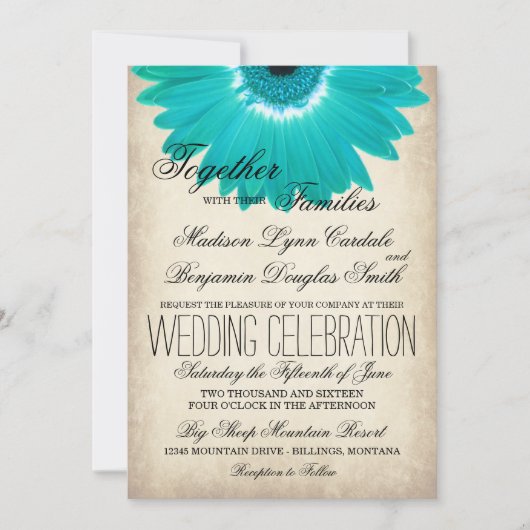 Blauwgroen Aqua Gerber Daisy Rustic Wedding Invita Kaart (Voorkant)