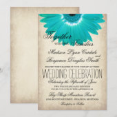 Blauwgroen Aqua Gerber Daisy Rustic Wedding Invita Kaart (Voorkant / Achterkant)