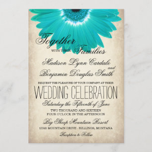 Blauwgroen Aqua Gerber Daisy Rustic Wedding Invita Kaart