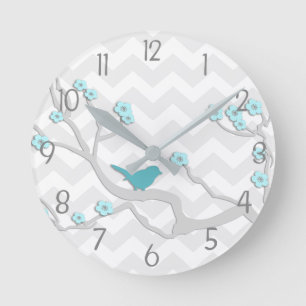 Blauwgroen Aqua Gray Bird op Branch Nursery Wall C Ronde Klok