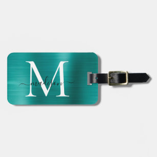 Blauwgroen Aqua Green Brushed Metal Script Monogra Bagagelabel