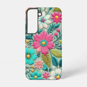 Blauwgroen Aqua Hot Roze Bloemen Borduurstijl Samsung Galaxy Hoesje