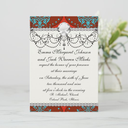 blauwgroen aqua rood wit henna damask kaart (Staand voorkant)