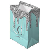 Blauwgroen Aqua Silver Sparkle Glitter Drift Monog Medium Cadeauzakje (Voorkant Gekanteld)
