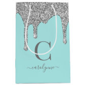 Blauwgroen Aqua Silver Sparkle Glitter Drift Monog Medium Cadeauzakje (Voorkant)