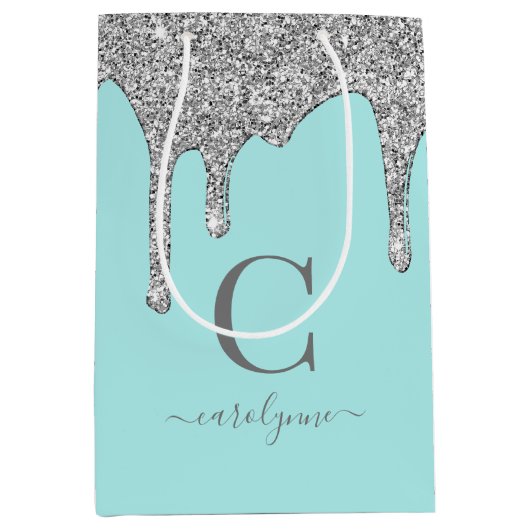 Blauwgroen Aqua Silver Sparkle Glitter Drift Monog Medium Cadeauzakje (Voorkant)