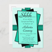 Blauwgroen Art Deco 60th Surprise Party Birthday Uitnodiging Briefkaart (Voorkant / Achterkant)